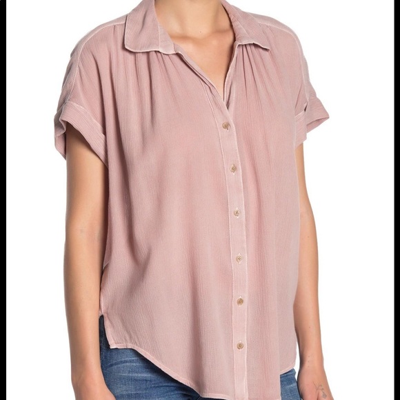 Woven Button Down Blouse - Short Sleeved - Picture 1 of 3